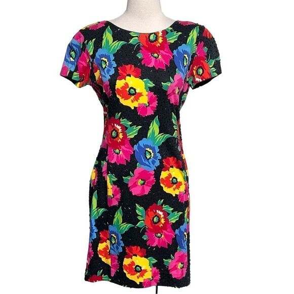 Adrienne Vittadini Vintage 90's Short Sleeve Floral Beaded Knit Dress Medium - Picture 1 of 5
